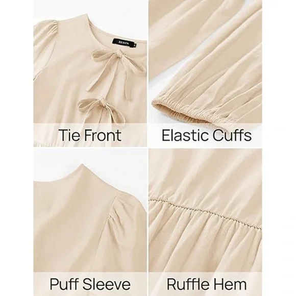 NWT Women's Dress Fall Long Puff Sleeve Self Tie Front Babydoll A Line Dress S - Picture 4 of 9